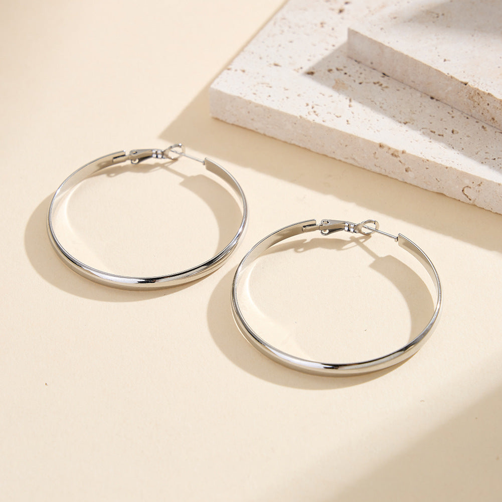 Silver Tone Stainless Steel Flat Wide Large Hoop Earrings