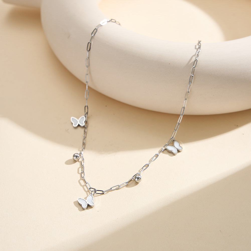 Gold Stainless Steel Butterfly Paperclip Chain Necklace, White Mother of Pearl Butterfly Pendants with Round Metal Ball Charms