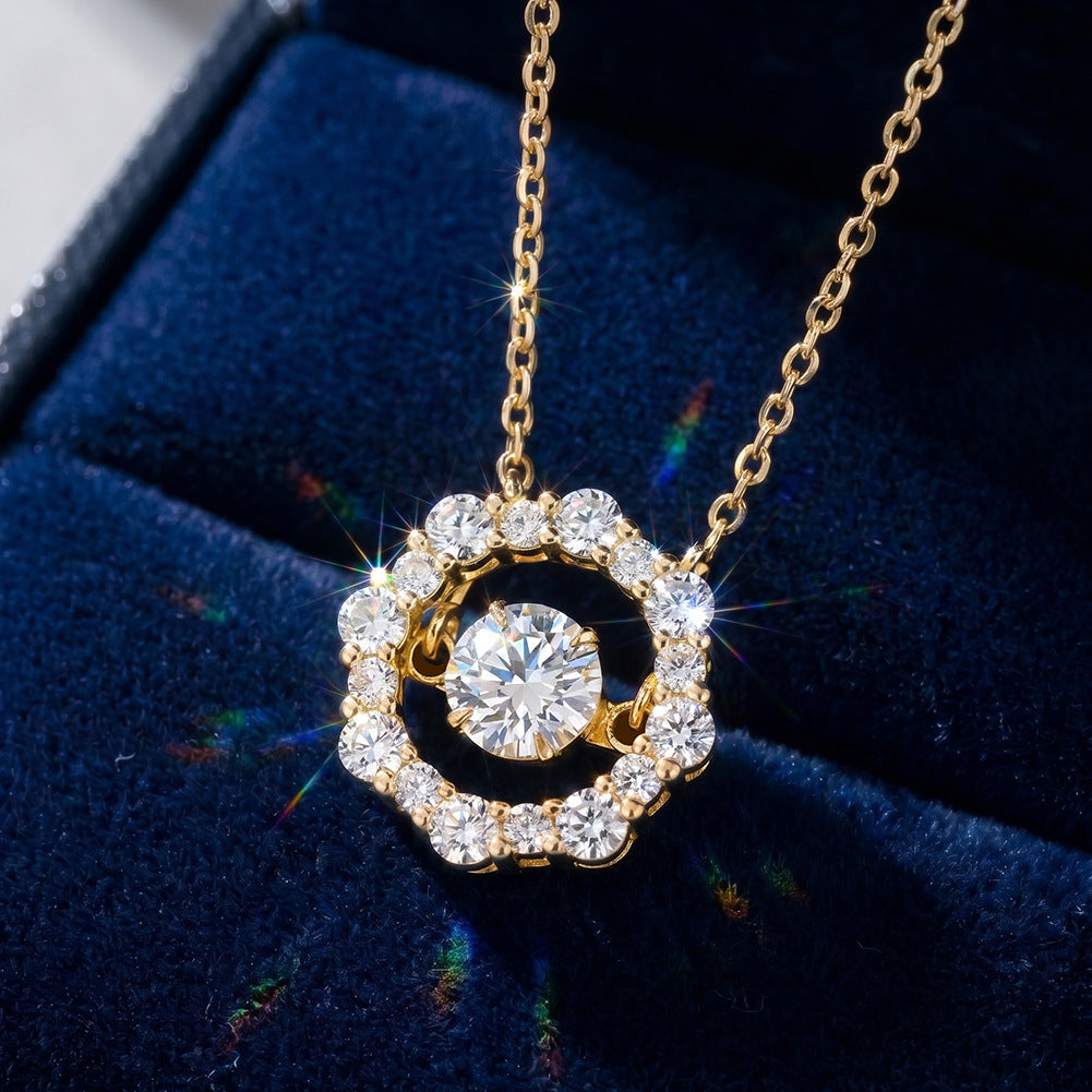 Gold Stainless Steel Moving Halo Circle Necklace, Floating Round CZ Center Stone with Surrounding Paved Cubic Zirconia
