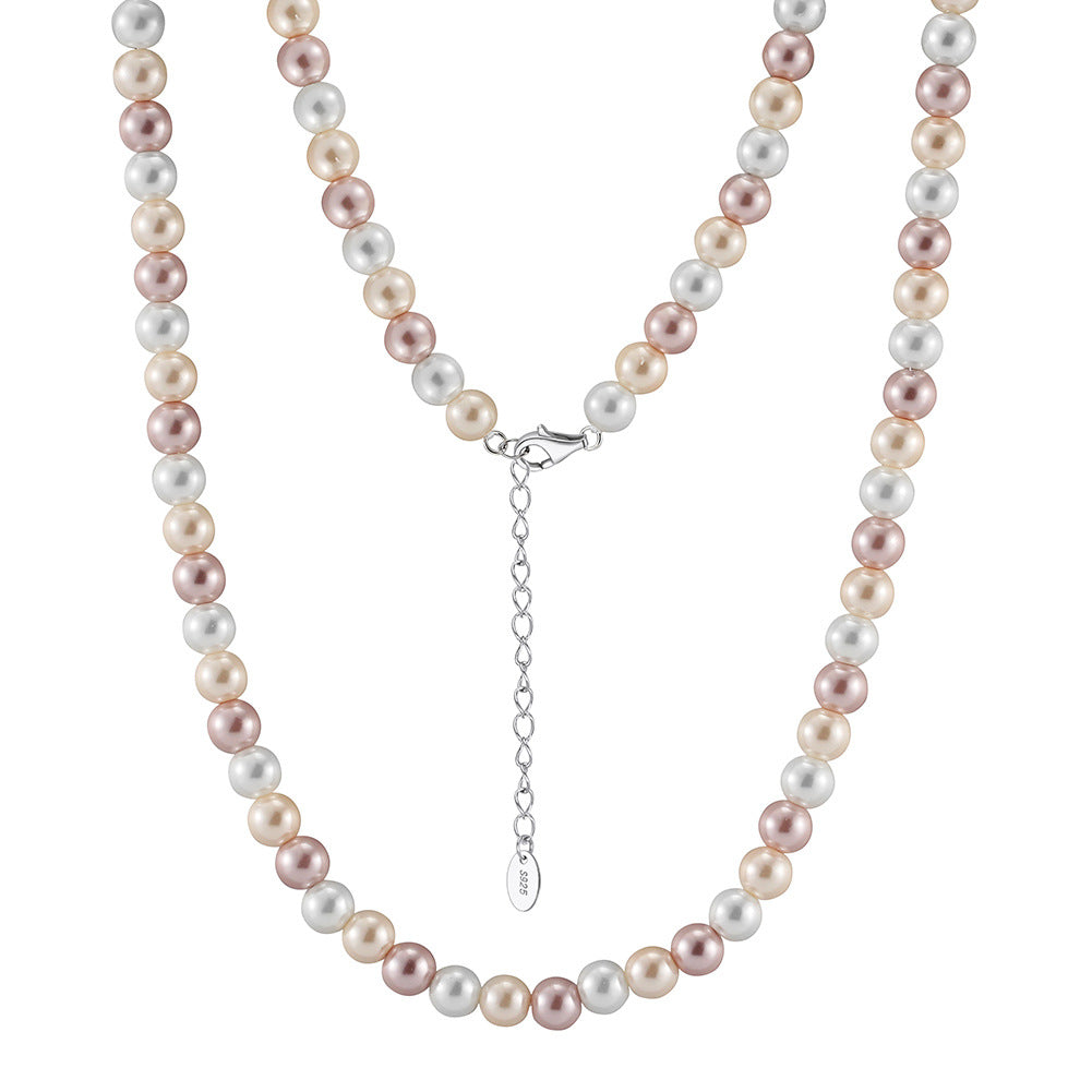 Silver Stainless Steel Multicolor Imitation Pearl Strand Necklace, Round Mixed White Pink Champagne Pearls with Adjustable Extension Chain