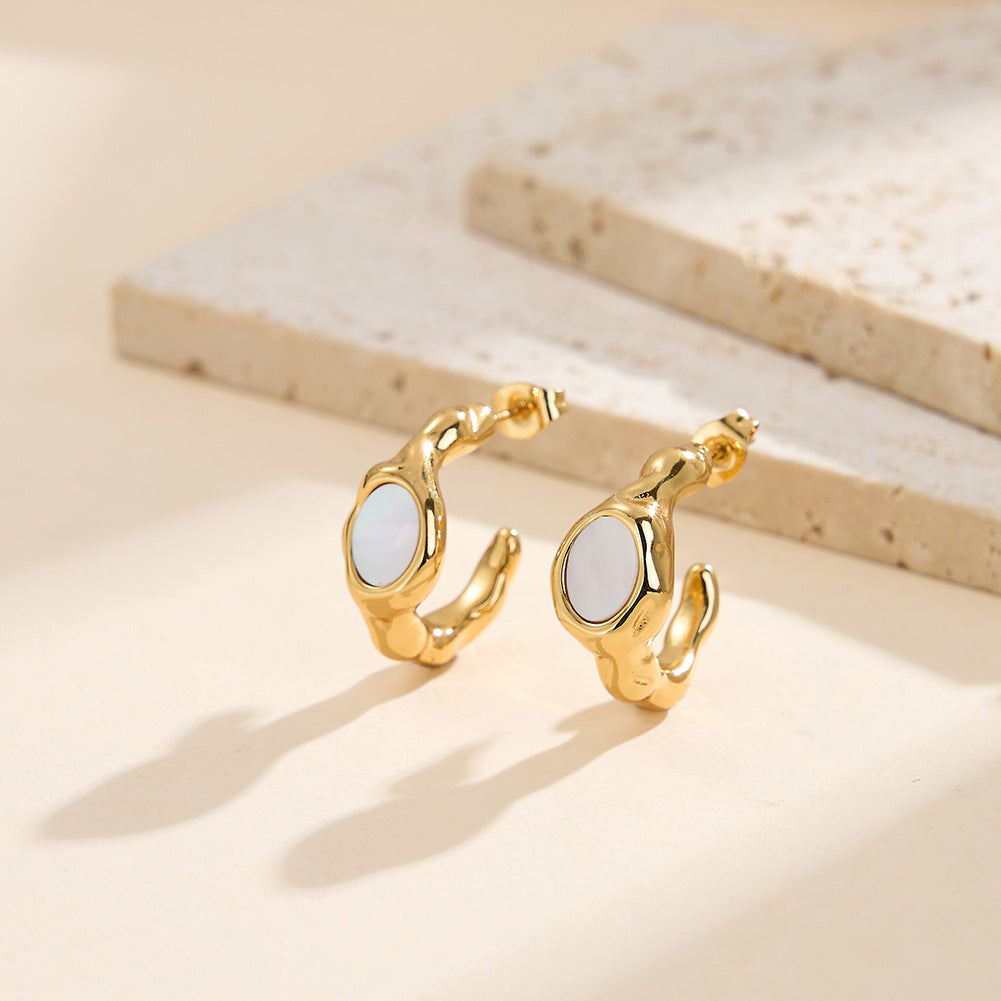 Silver Stainless Steel Irregular Organic Shape Stud Earrings with Mother of Pearl Inlay
