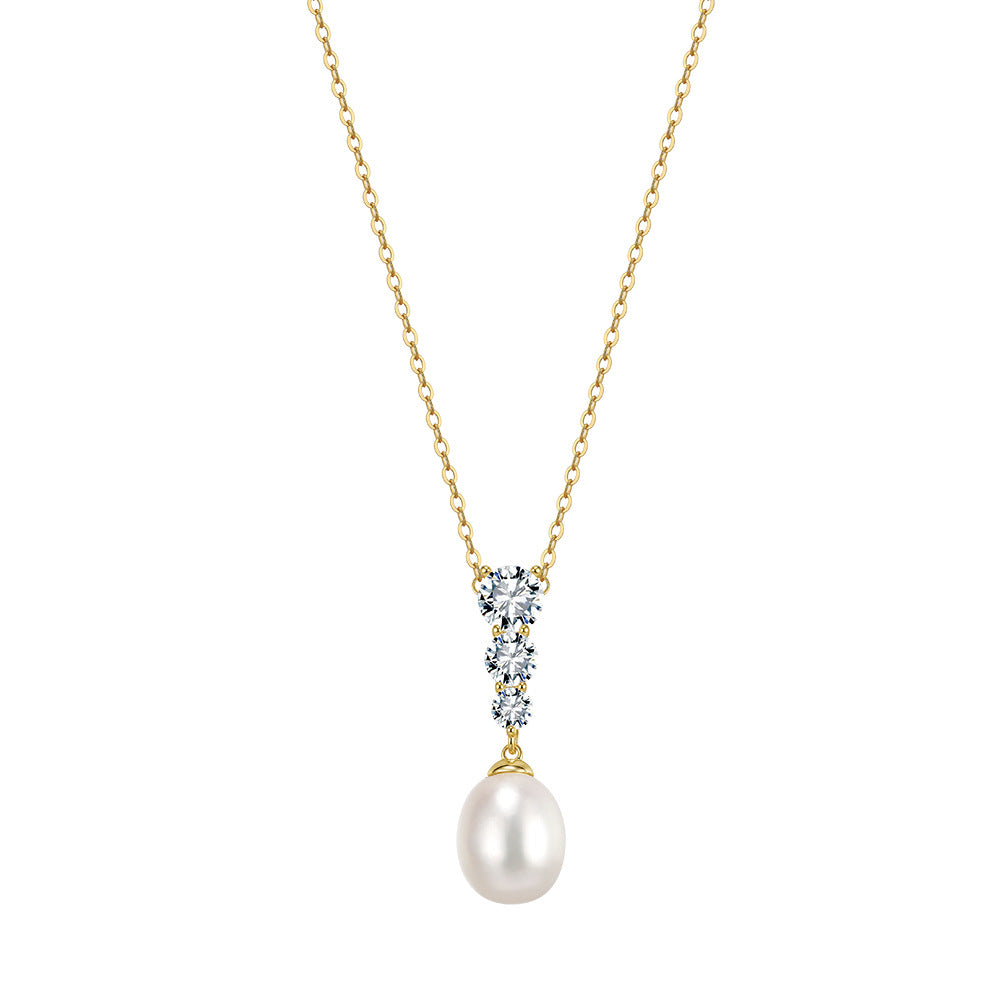 Teardrop Lustrous Freshwater Pearl Drop Necklace, Oval White Pearl with Vertical Graduated Cubic Zirconia Setting S925 Silver Chain