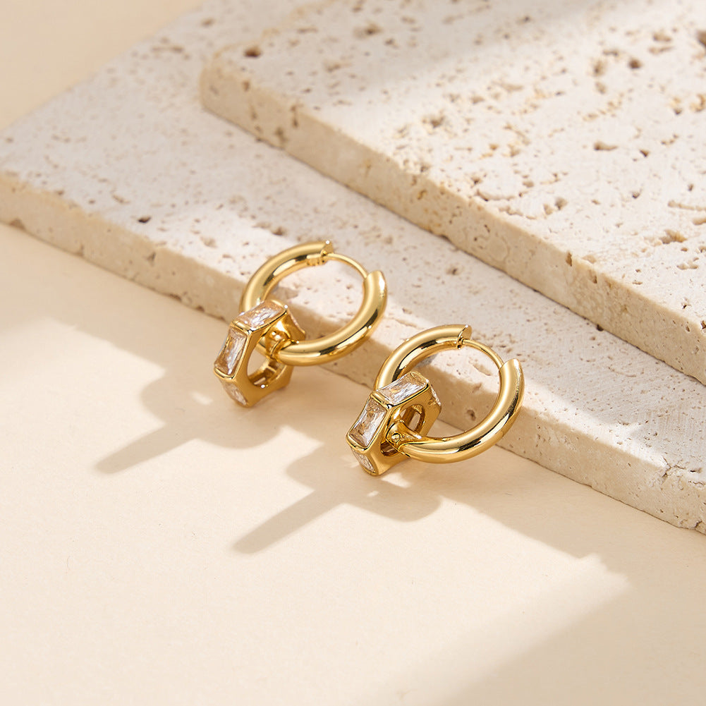 Gold Plated Stainless Steel Hexagonal CZ Charm Huggie Hoop Earrings