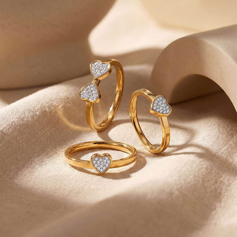 Gold Plated Stainless Steel 4 Heart Clover Convertible Stacking Ring Set, Pave CZ