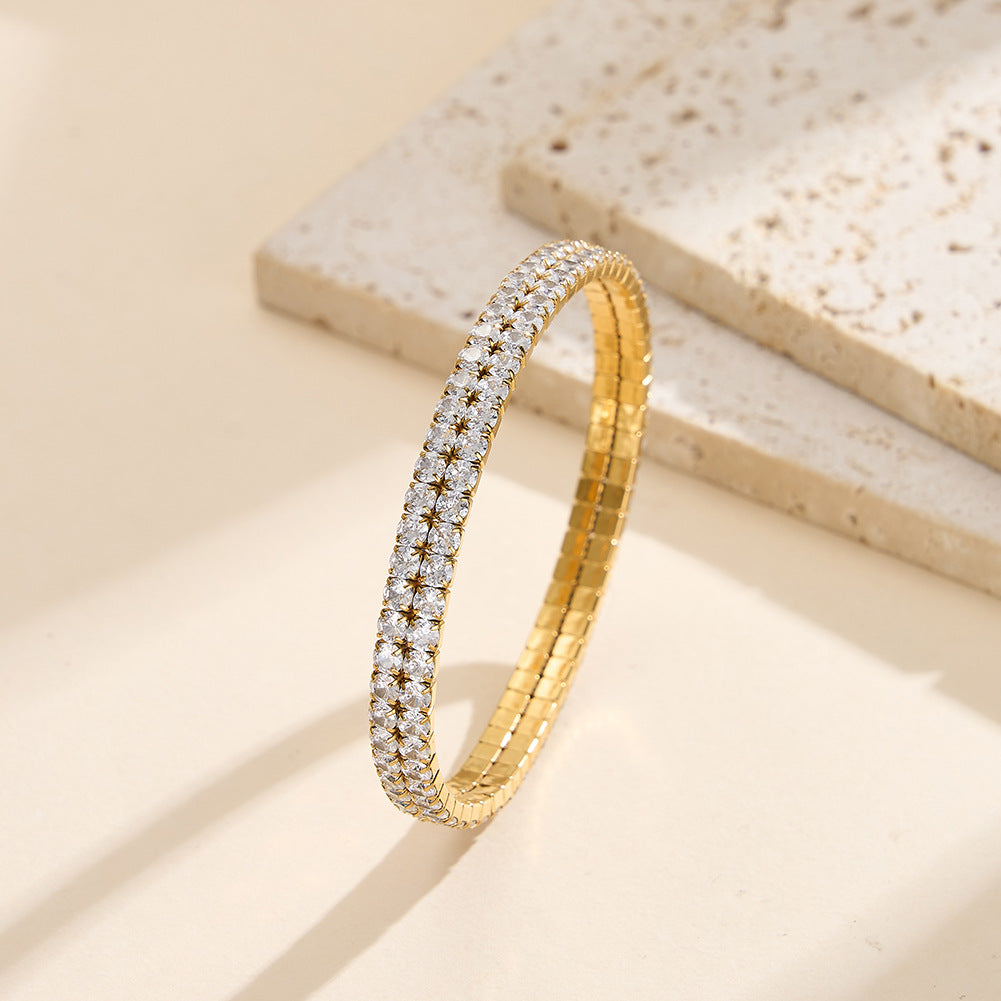 Silver Stainless Steel Stretch Tennis Bracelet, Multi Row Round CZ Stones Elastic Stackable Bangle