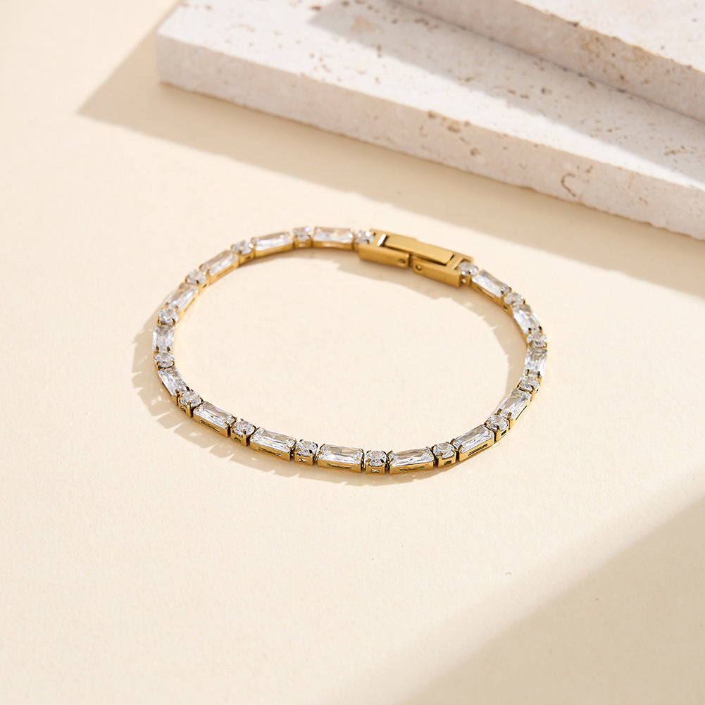 Gold Plated Stainless Steel Emerald Cut CZ Link Bracelet, Rectangle Baguette Cut Zirconia Stone Setting