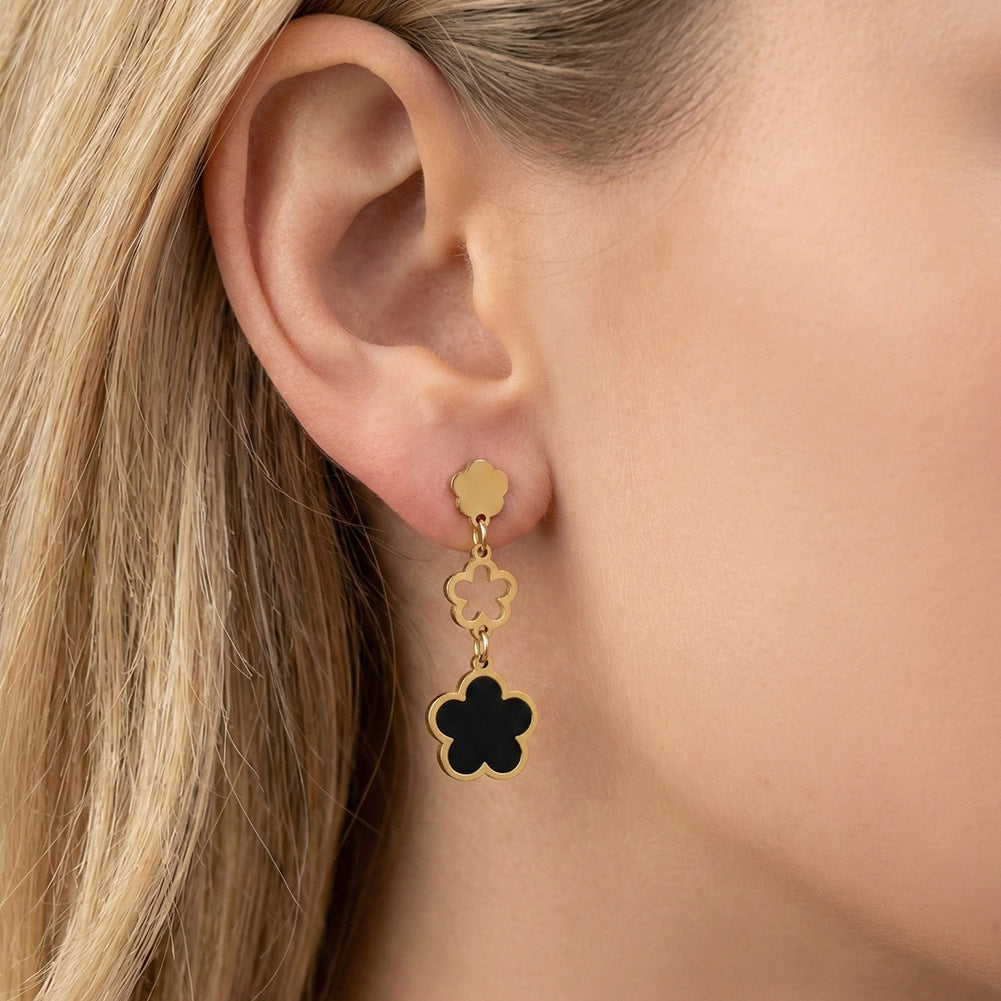 Gold Plated Stainless Steel Triple Clover Drop Earrings with Black Enamel Inlay