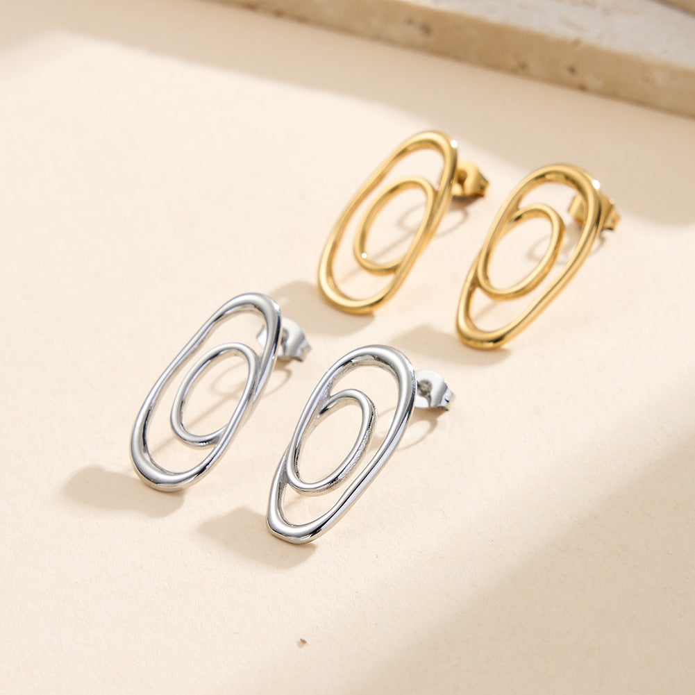 Gold Plated Stainless Steel Double Interlocking Irregular Oval Hoop Stud Earrings