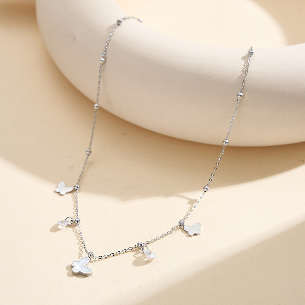 Gold Stainless Steel Butterfly Station Necklace, Solid Butterfly Charms, White Shell Inlay Butterfly Pendant with Clear CZ Drops