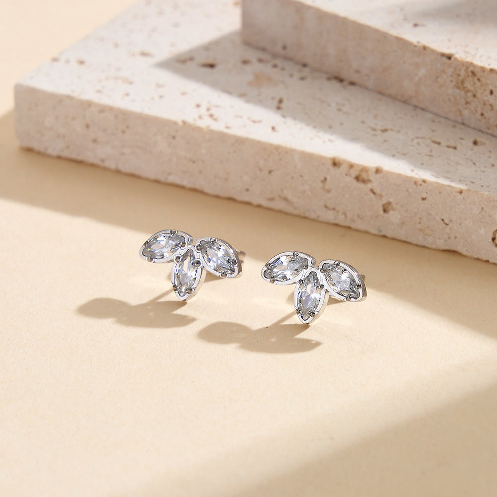 Gold Plated Stainless Steel Marquise CZ Three-Leaf Stud Earrings