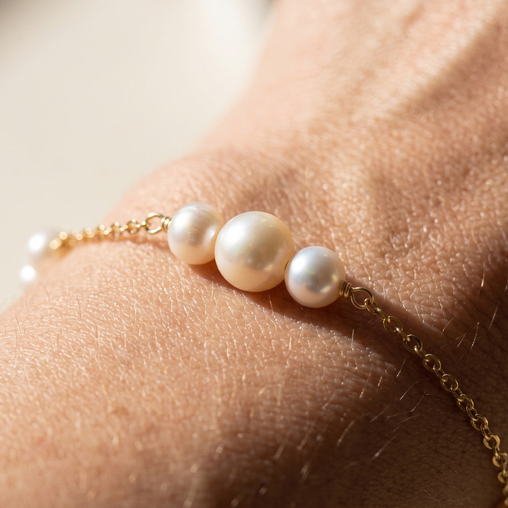 S925 Sterling Silver Dainty Chain Bracelet, Graduated Lustrous Round Freshwater Pearls Arranged on Thin Cable Chain, Adjustable Extension Chain