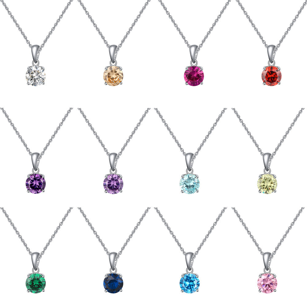 Silver Stainless Steel Round CZ Solitaire Pendant Necklace, 4-Prong Set Clear Cubic Zirconia With Smooth Bail Rolo Chain