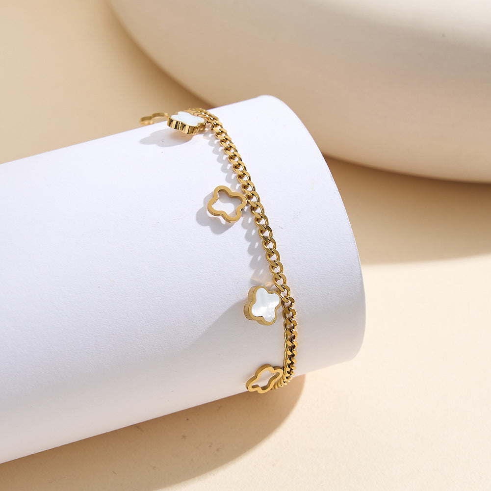 Gold Plated Stainless Steel Curb Chain Bracelet, Hollow Clover Charms with White Mother of Pearl Inlay