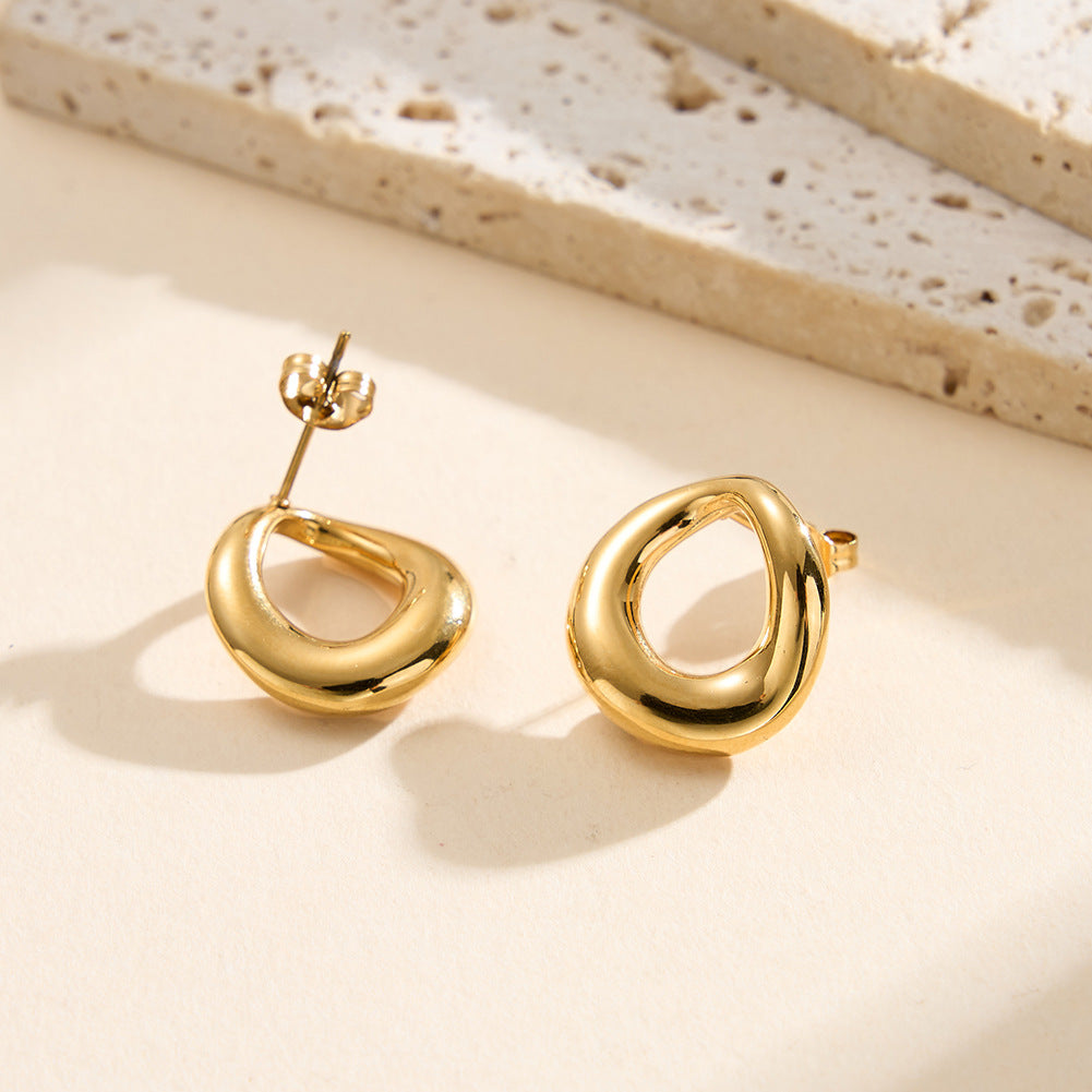 Gold Plated Stainless Steel Twisted Organic Teardrop Open Hoop Stud Earrings