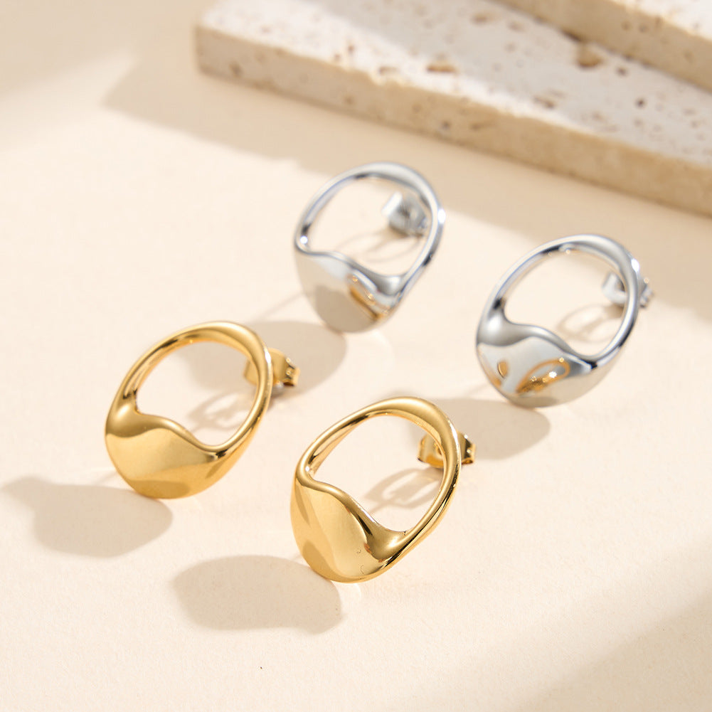 Gold Plated Stainless Steel Irregular Oval Hollow Frame Stud Earrings
