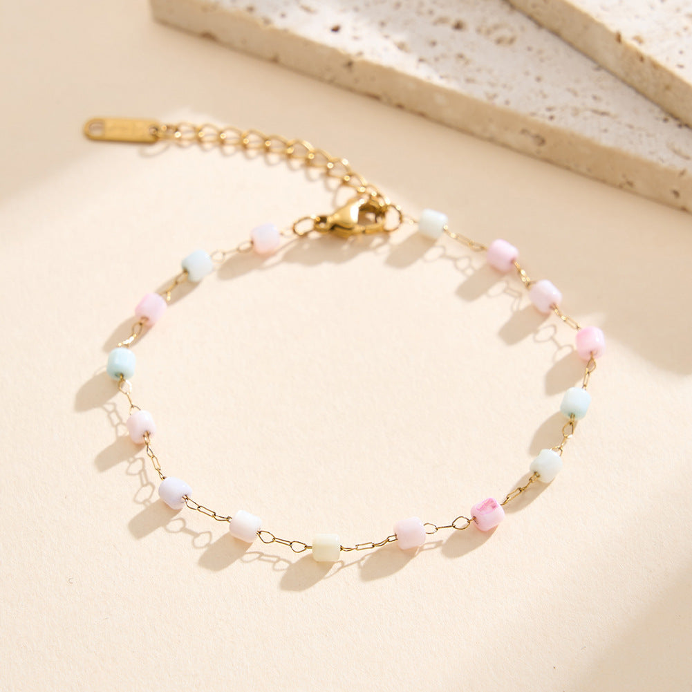 Gold Plated Stainless Steel Dainty Colorful Cube Bead Bracelet, Pastel Candy Square Beads Station Chain, Adjustable Extension