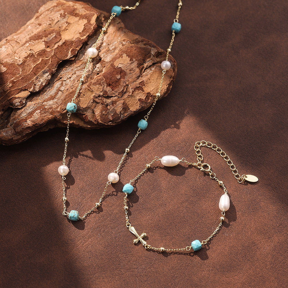 MPB23S925 Gold Plated Cross Pearl Bracelet, Oval Lustrous Freshwater Pearls, Faceted Turquoise Beads and Polished Cross Charm, Adjustable Extension Chain