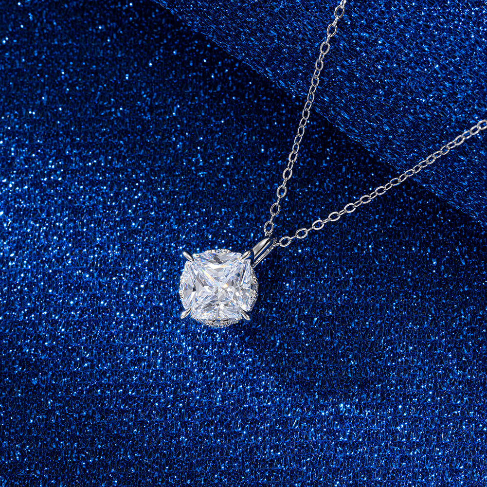 Silver Stainless Steel Princess Square Cut CZ Pendant Necklace, Four Prong Setting Clear Square Cubic Zirconia Pendant