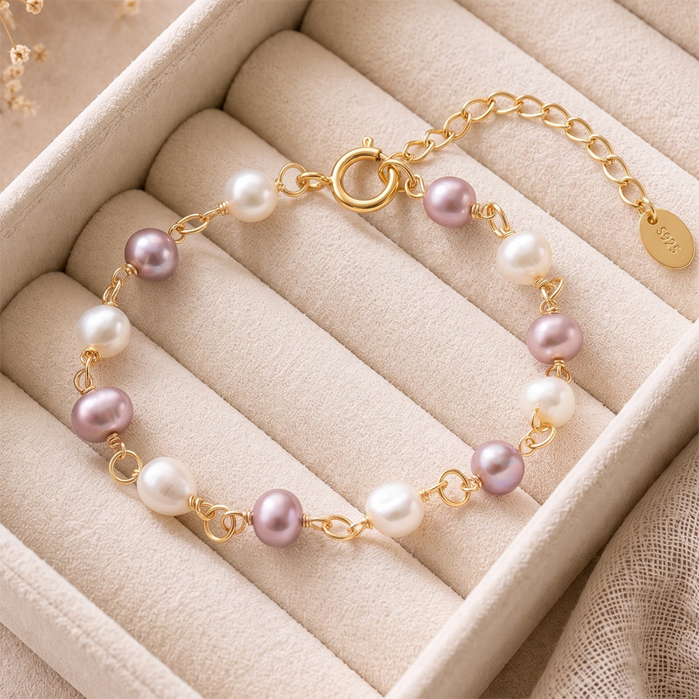 S925 Gold Plated Wire Wrapped Bracelet, Mixed White & Purple Oval Lustrous Freshwater Pearls, Open Link Chain, Adjustable Extension Chain