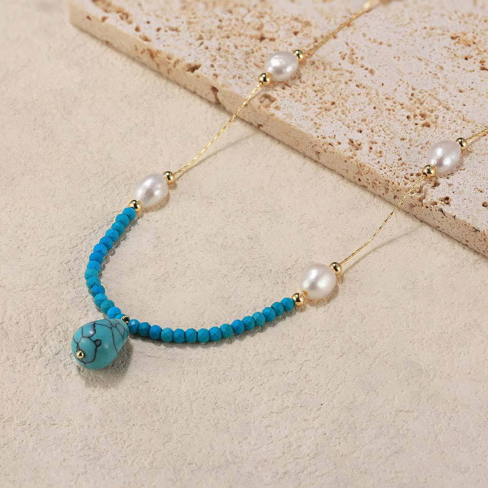 Gold Stainless Steel Turquoise & Pearl Station Necklace, Baroque Imitation Pearl Beaded Chain with Teardrop Turquoise Drop Pendant