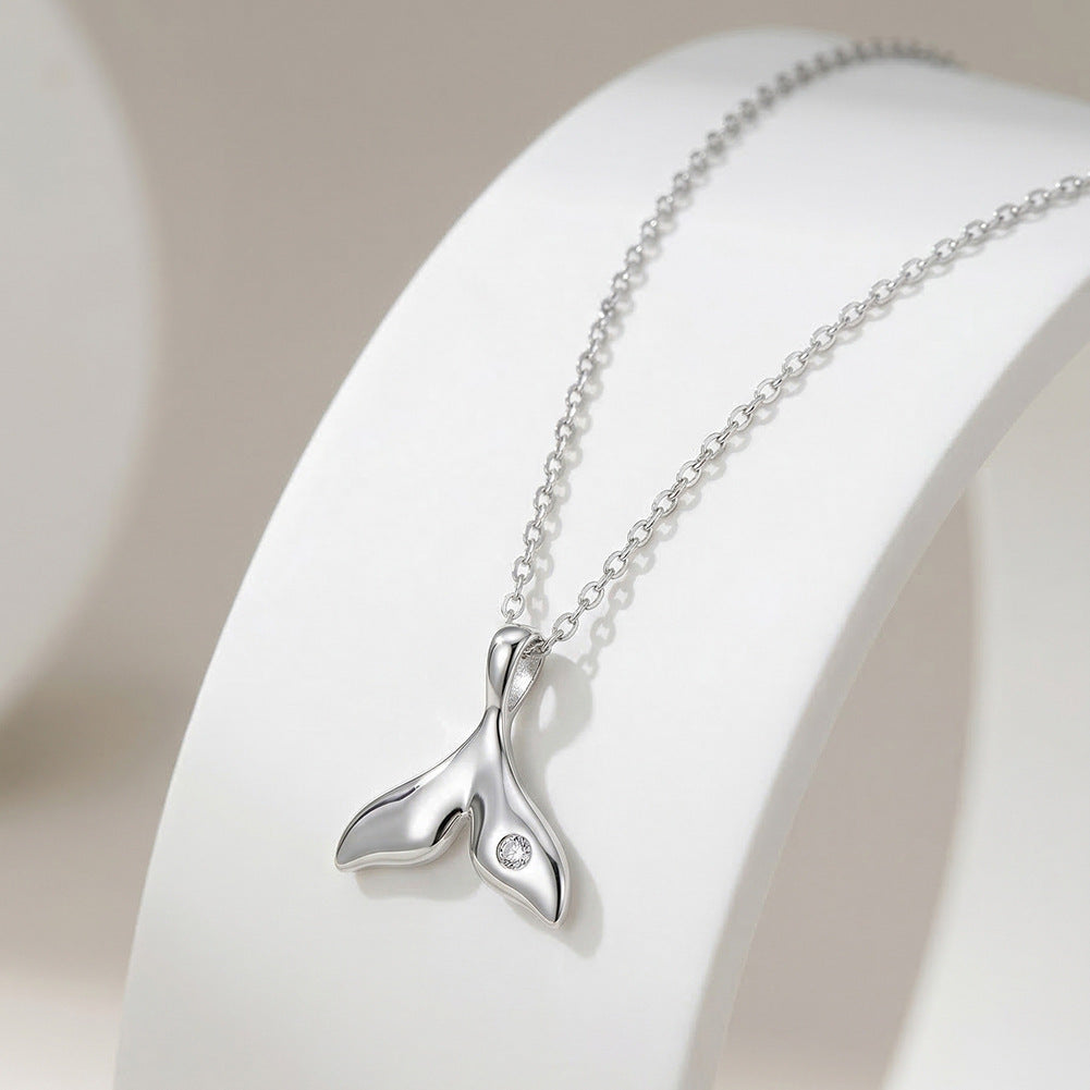 Gold Stainless Steel Mermaid Tail Pendant Necklace, Single Small CZ Inlaid Whale Tail Charm Necklace