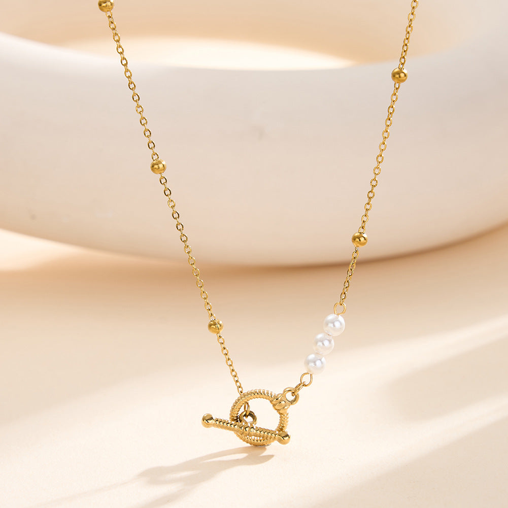 Gold Stainless Steel Beaded Rolo Chain Necklace with White Pearl Accents, Textured Toggle OT Clasp Pendant