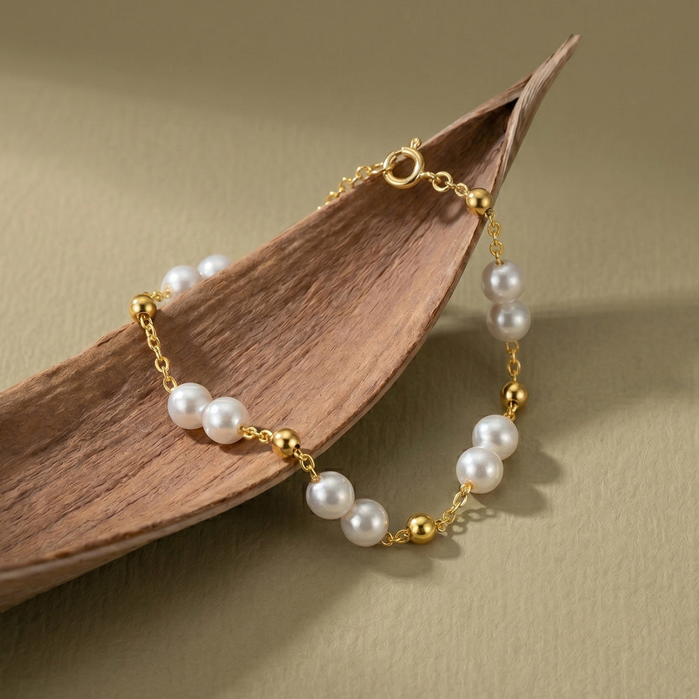14K Gold Plated Dainty Cable Chain Bracelet, Lustrous White Freshwater Pearl Paired Beads with Gold Spacers, Heart Charm Adjustable Extension Chain