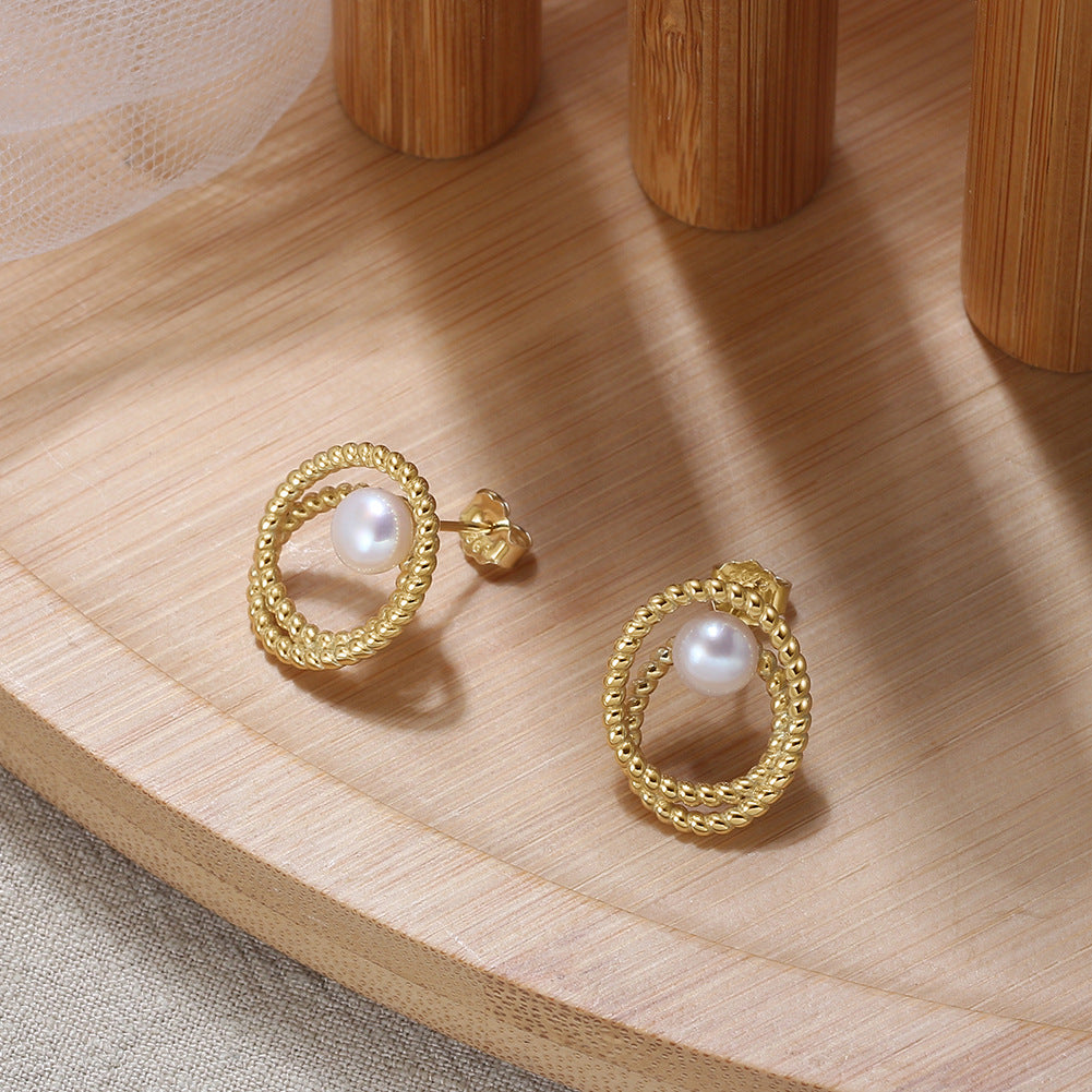 S925 Gold Plated Double Twisted Oval Hoop Pearl Earrings, Large Central Glossy Round Freshwater Pearl Nestled Within Dual Textured Rope Twist Hoops