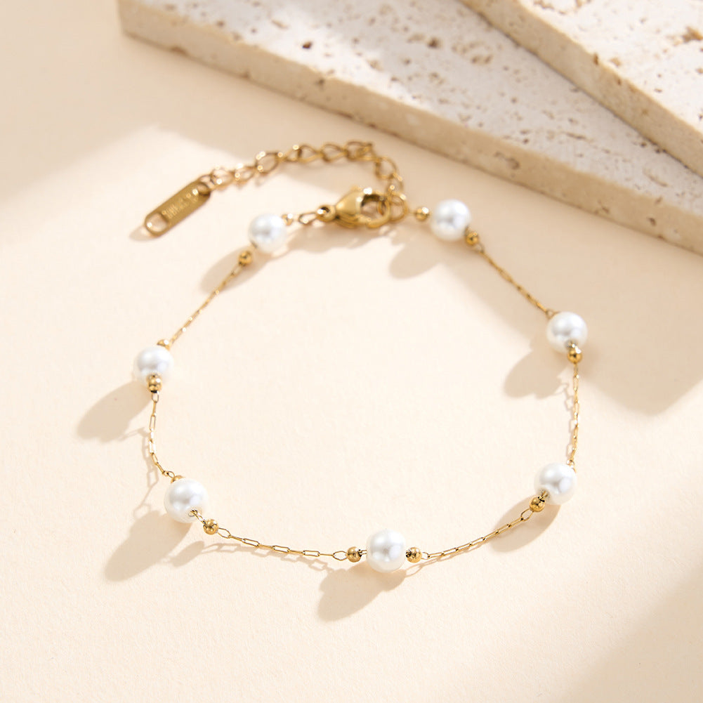 Gold Plated Stainless Steel Dainty Pearl Station Bracelet, Round White Imitation Pearls & Tiny Gold Spacer Beads, Adjustable