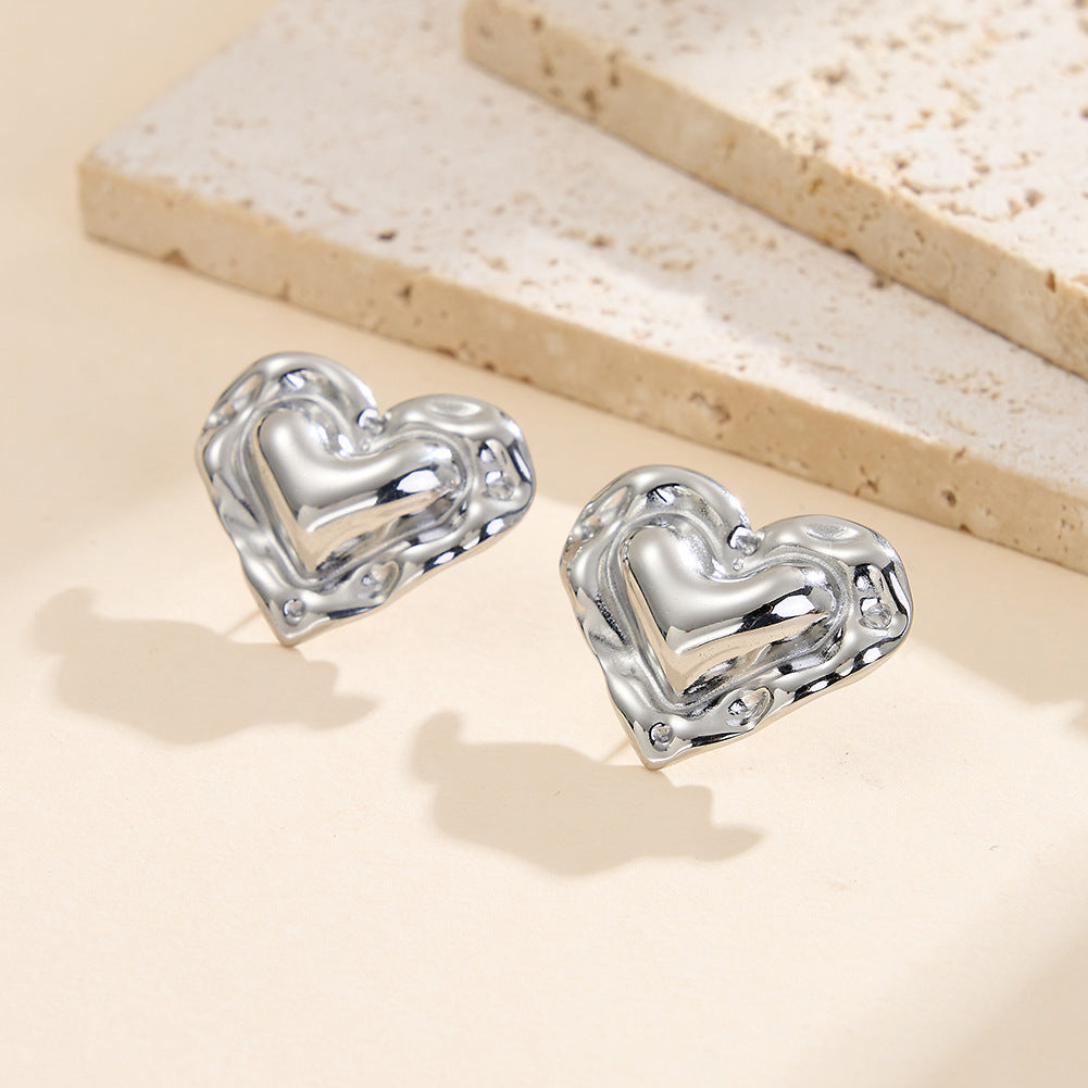 Silver Stainless Steel Irregular Molten Double Heart Stud Earrings