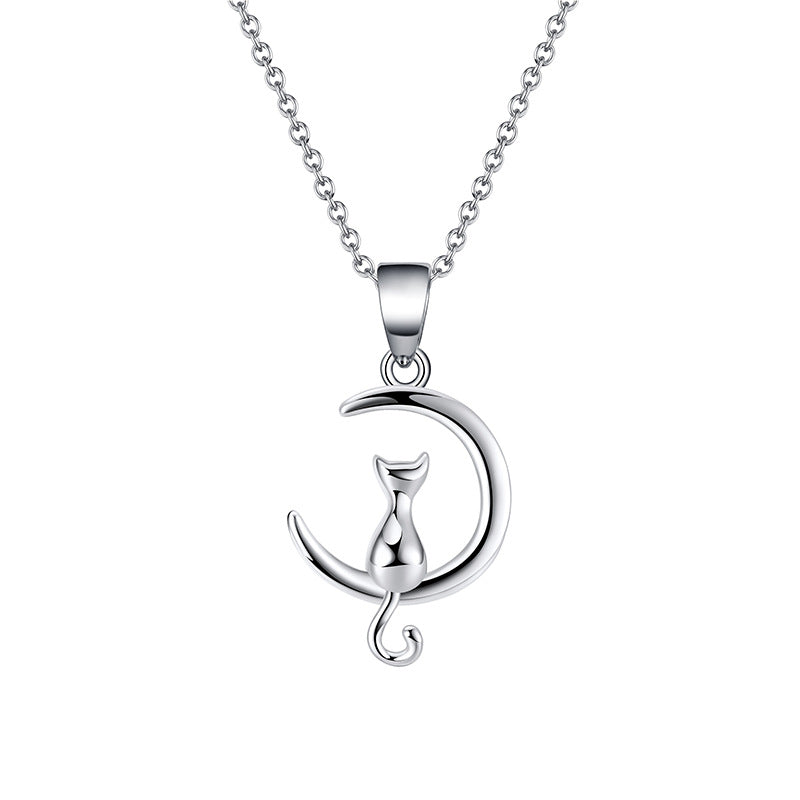 Silver Stainless Steel Cat On Crescent Moon Necklace, Polished Plain Cat Sitting On Curved Moon Charm Rolo Chain