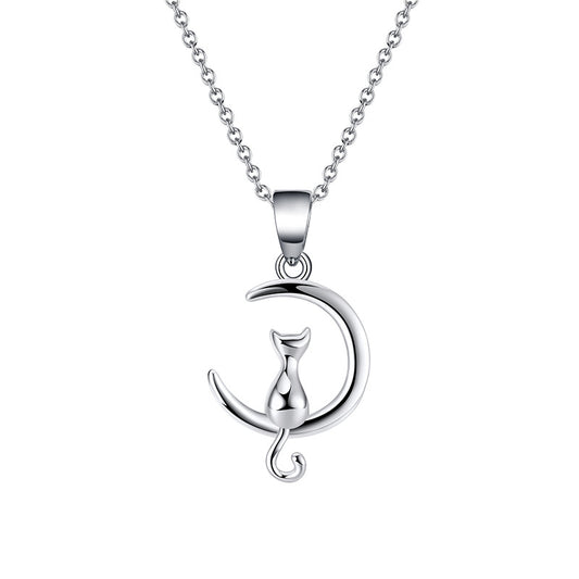 Silver Stainless Steel Cat On Crescent Moon Necklace, Polished Plain Cat Sitting On Curved Moon Charm Rolo Chain