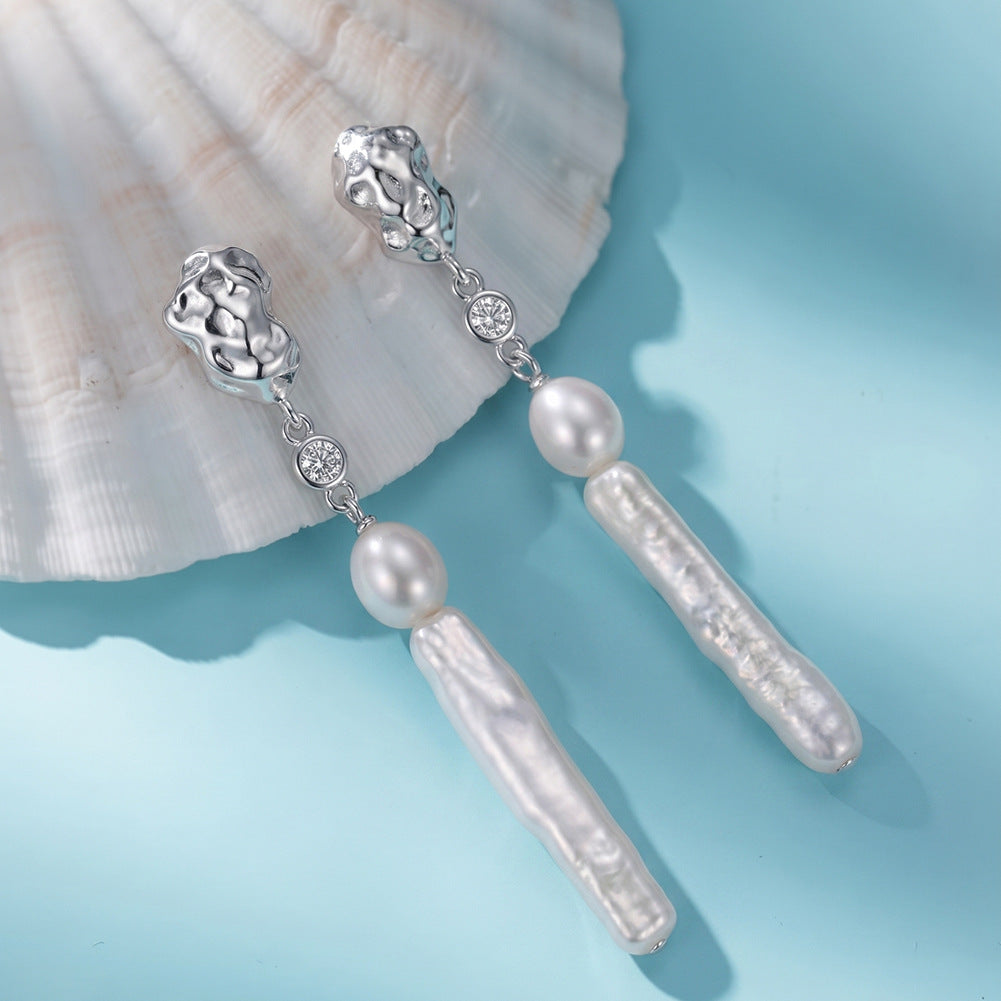 S925 Silver Long Vertical Baroque Pearl Drop Earrings, Hammered Metal Detail, CZ Stone Accent, Rice & Stick Freshwater Pearl Linear Earrings