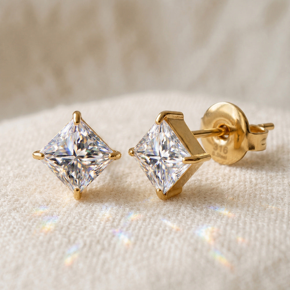 Gold Plated 316 Stainless Steel Stud Earrings, Princess Square Cut Clear Cubic Zirconia Four Prong Setting