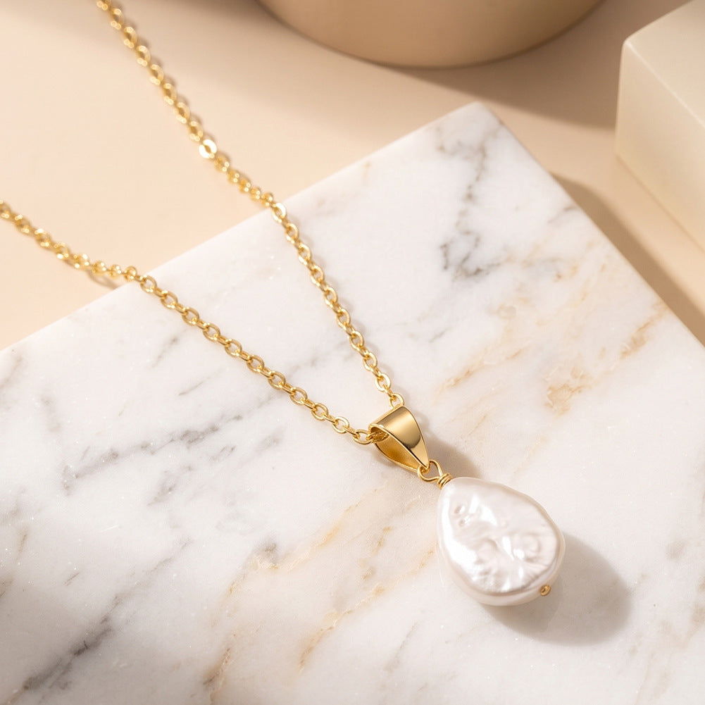 Teardrop Baroque Freshwater Pearl Pendant Necklace, Organic Shape Natural Glossy Pearl Silver Chain