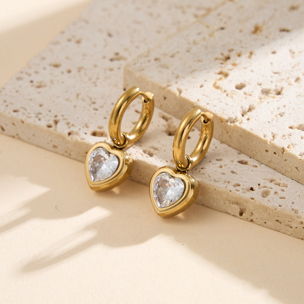 Gold Plated Stainless Steel Bezel Set Heart CZ Charm Huggie Hoop Earrings