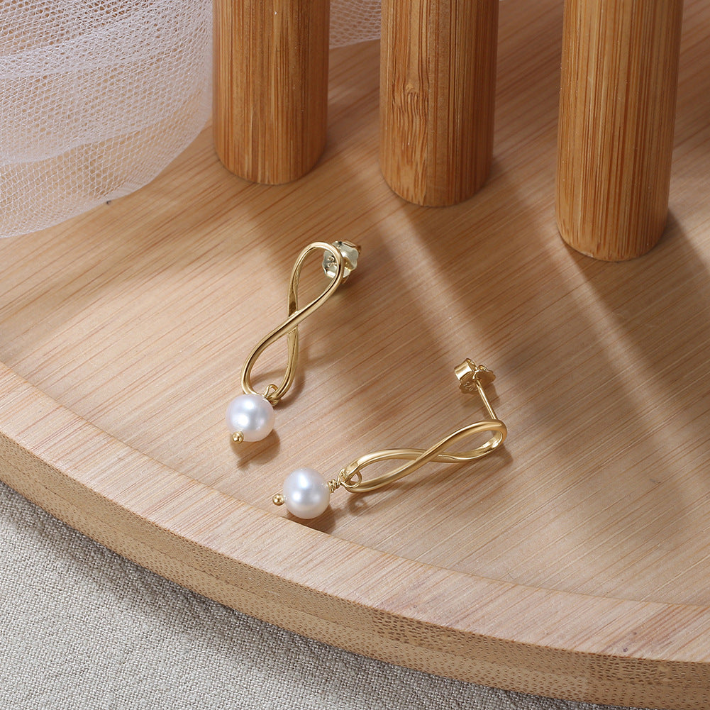 S925 Gold Plated Infinity Twist Wire Pearl Dangle Earrings, Figure 8 Twisted Gold Frame with Single Glossy Round Freshwater Pearl Pendant