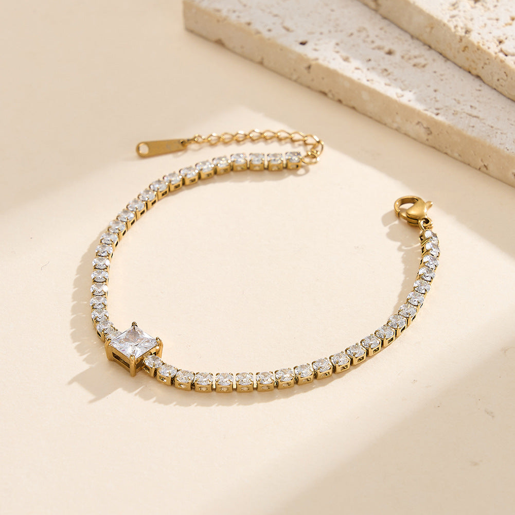 Gold Plated Stainless Steel Tennis Bracelet, Princess Square CZ Center Stone with Pave Round CZ Stones