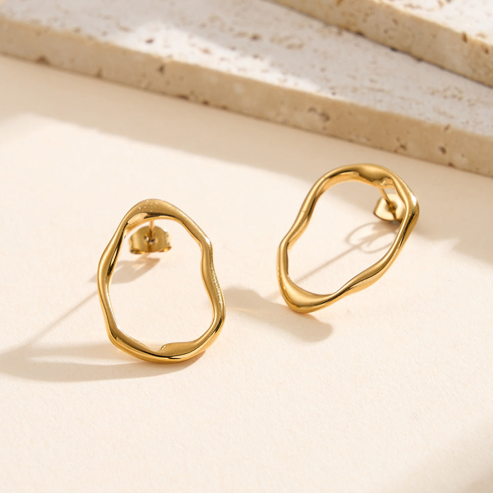 Gold Plated Stainless Steel Organic Irregular Wavy Open Hoop Stud Earrings