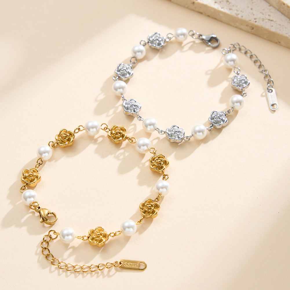 Silver Stainless Steel Rose & Imitation Pearl Bracelet, 3D Metal Rose Charms Alternating with Round Pearls, Adjustable