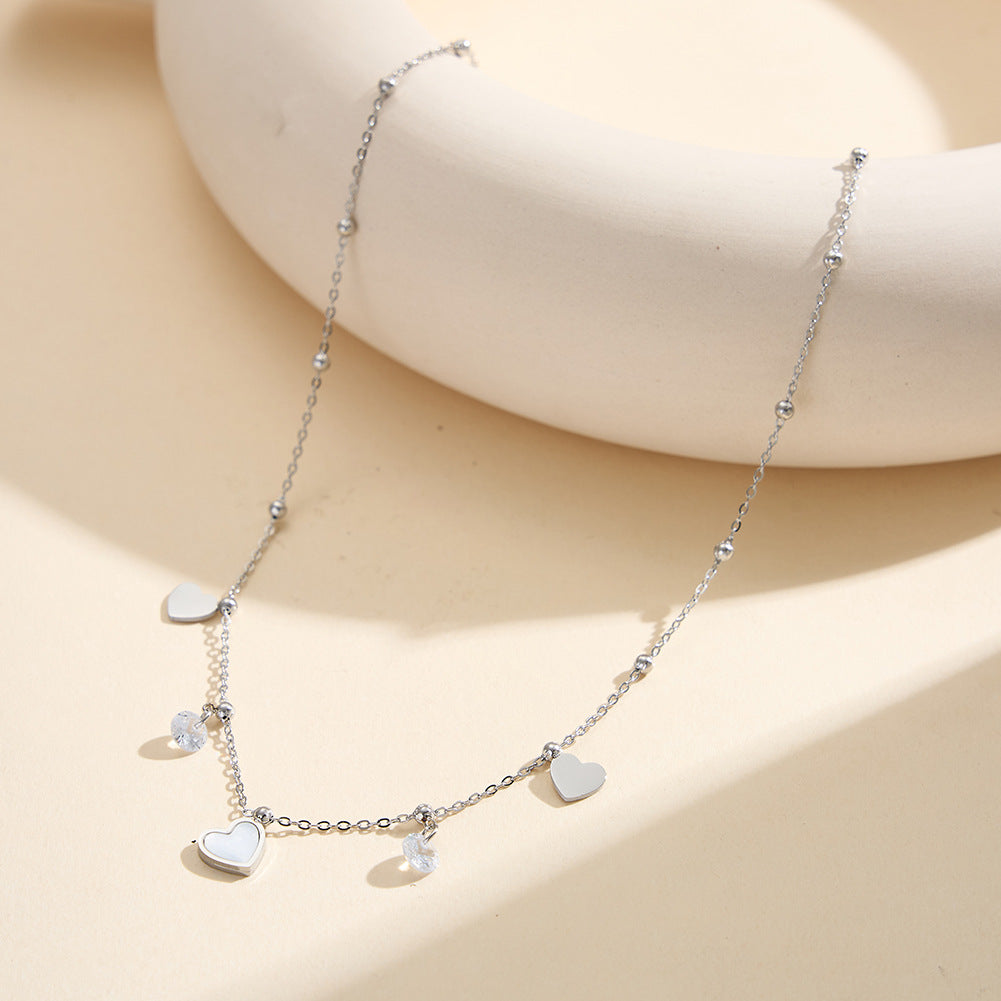Gold Stainless Steel Heart Station Necklace, Solid Heart Charms, Bezel Set Clear CZ & Tiny Gold Ball Accents on Thin Rolo Chain