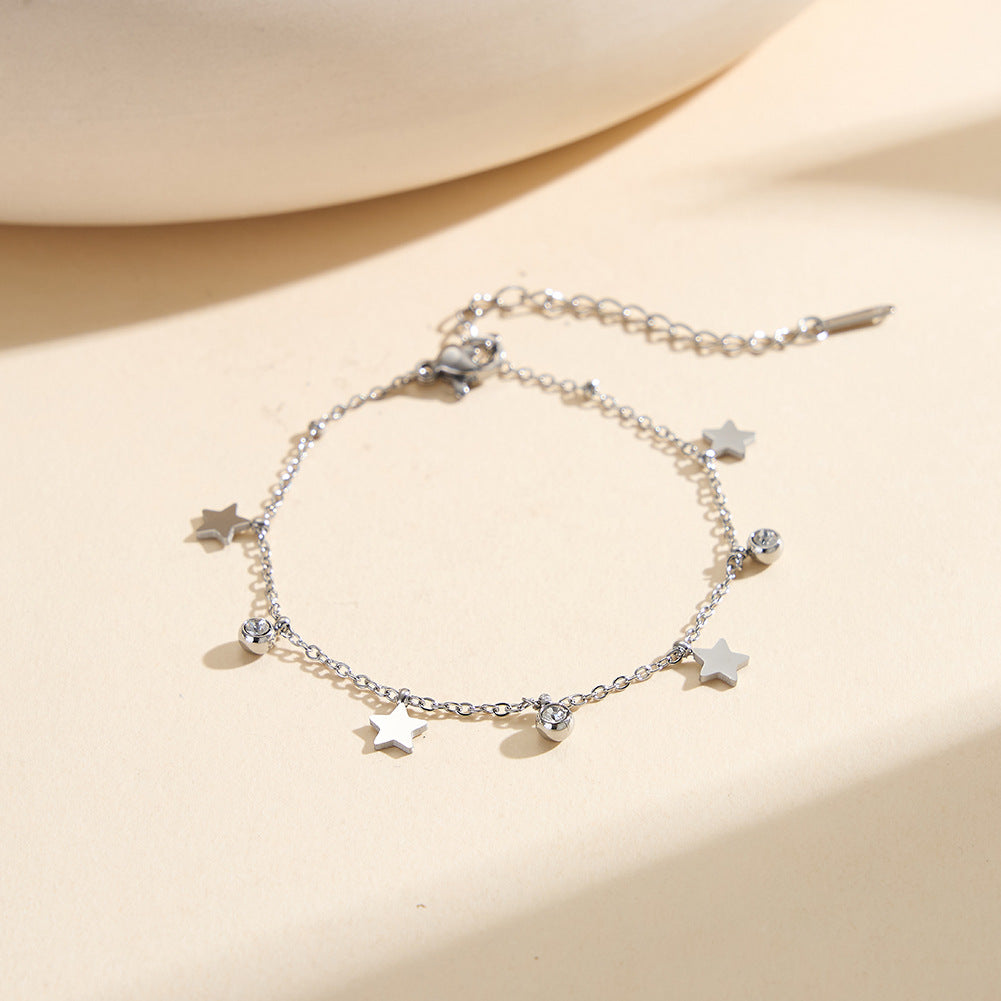 Gold Plated Stainless Steel Dainty Star Bracelet, 3 Star Charms & 3 Bezel Set Round CZ Stones, Adjustable Extension Chain