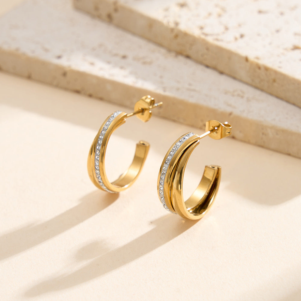 Gold Plated Stainless Steel Intertwined Double Band C Hoop Earrings Inlaid with CZ