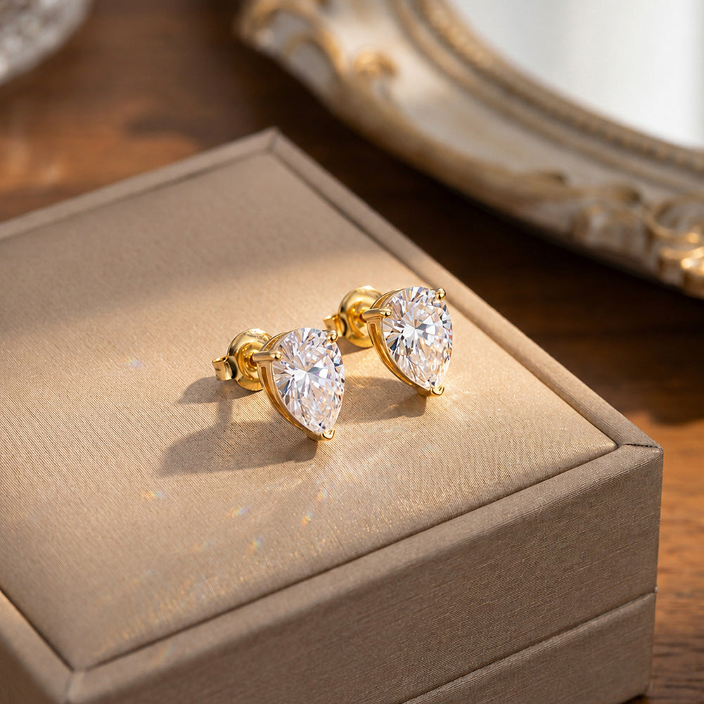 Gold Plated 316 Stainless Steel Stud Earrings, Pear Teardrop Cut Clear Cubic Zirconia Four Prong Setting
