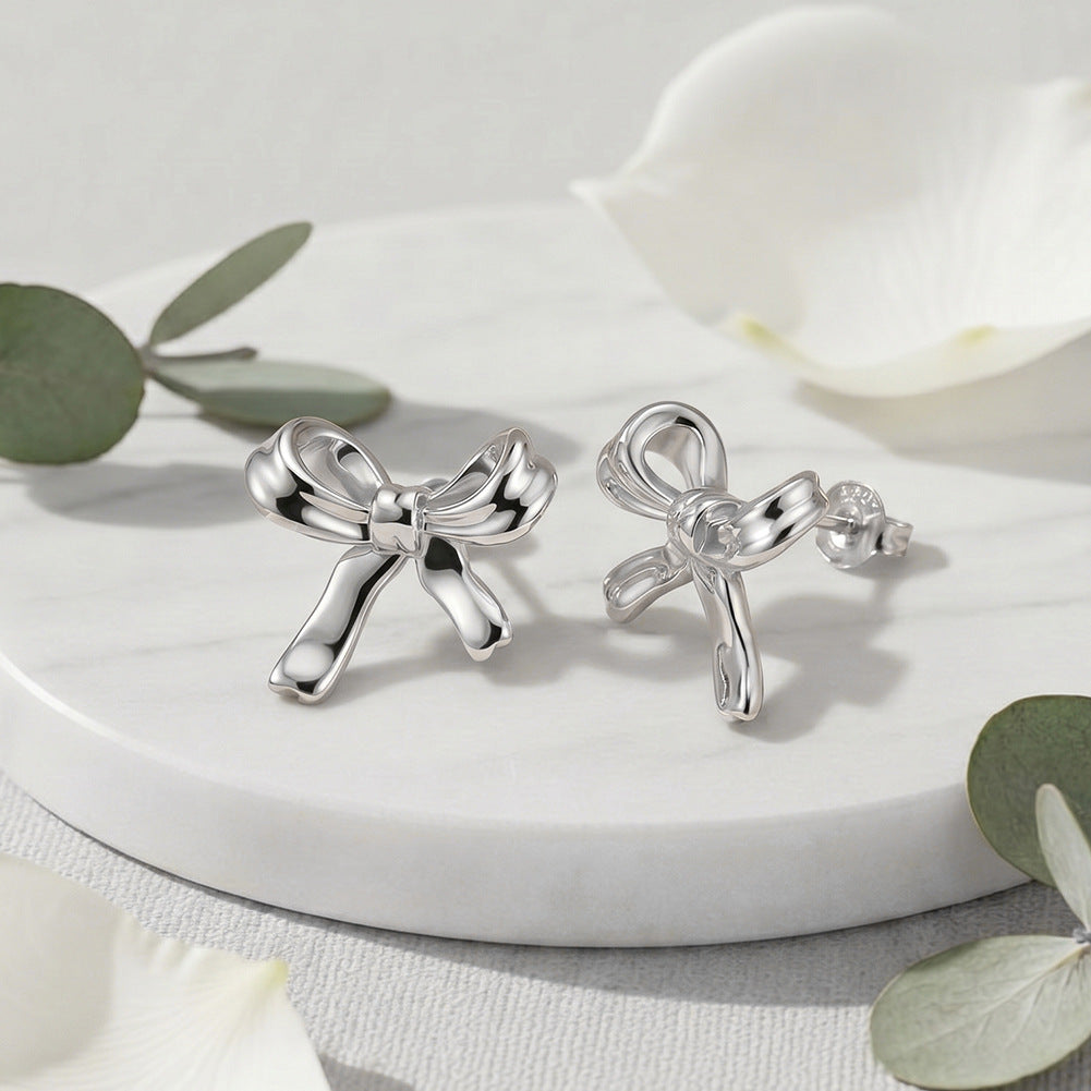 Gold Plated Stainless Steel Smooth Puffy Bow Stud Earrings