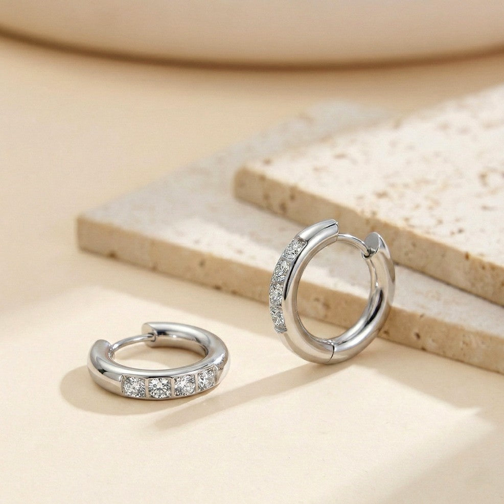 Silver Stainless Steel 4 Round CZ Paved Huggie Hoop Earrings