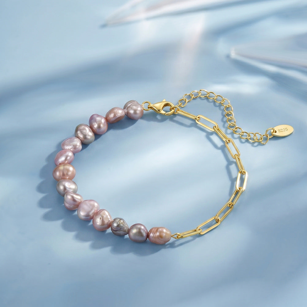 S925 Sterling Silver Half Baroque Pearl Half Paperclip Chain Bracelet, Soft Pink Natural Baroque Freshwater Pearls, Adjustable Extension Chain