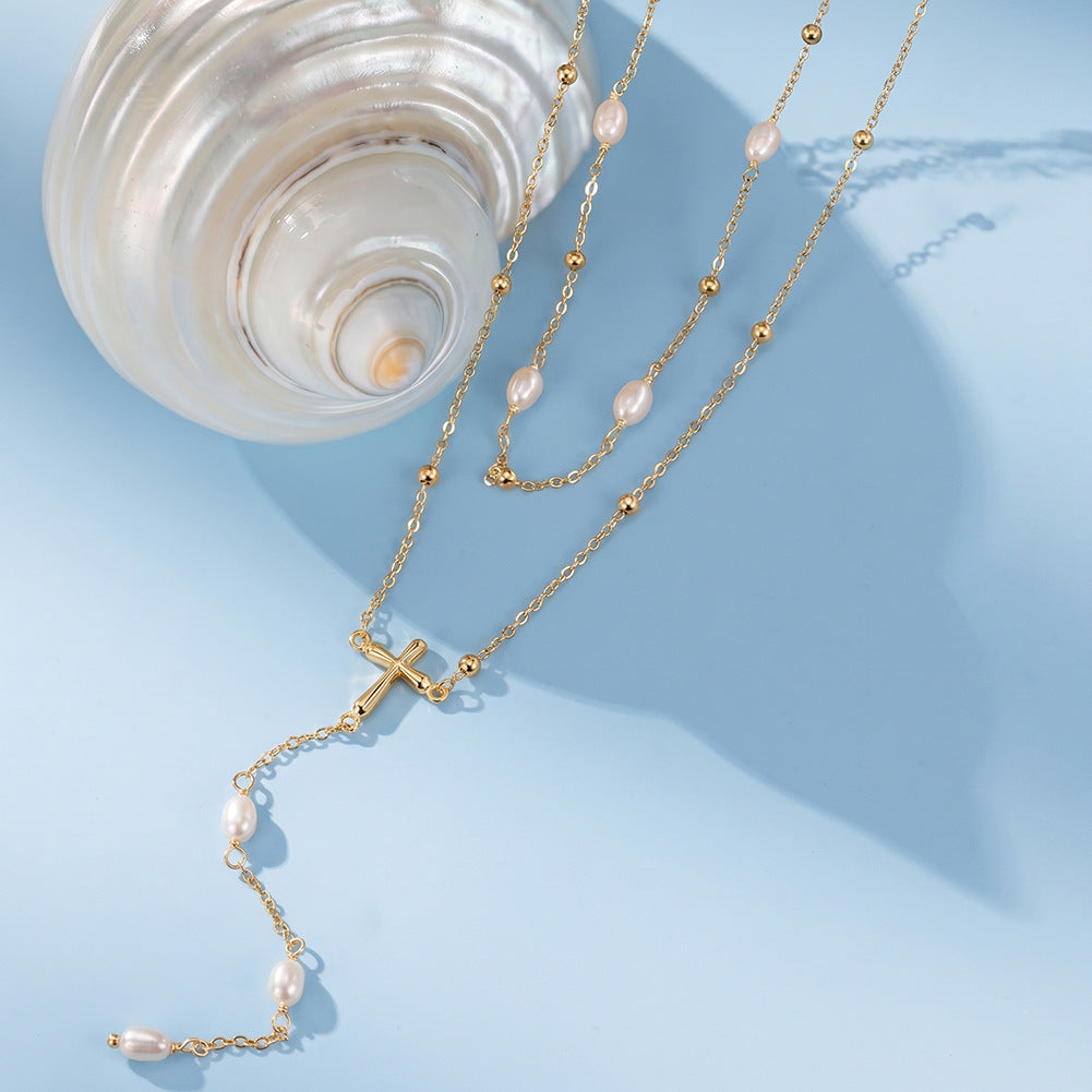 Multi Layer Y Drop Freshwater Pearl Cross Necklace, Dainty Lustrous Rice Pearls Layered Chain with Cross Lariat Pendant S925 Silver