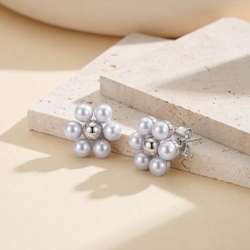 Gold Plated Stainless Steel Flower Shape Cluster Pearl Stud Earrings