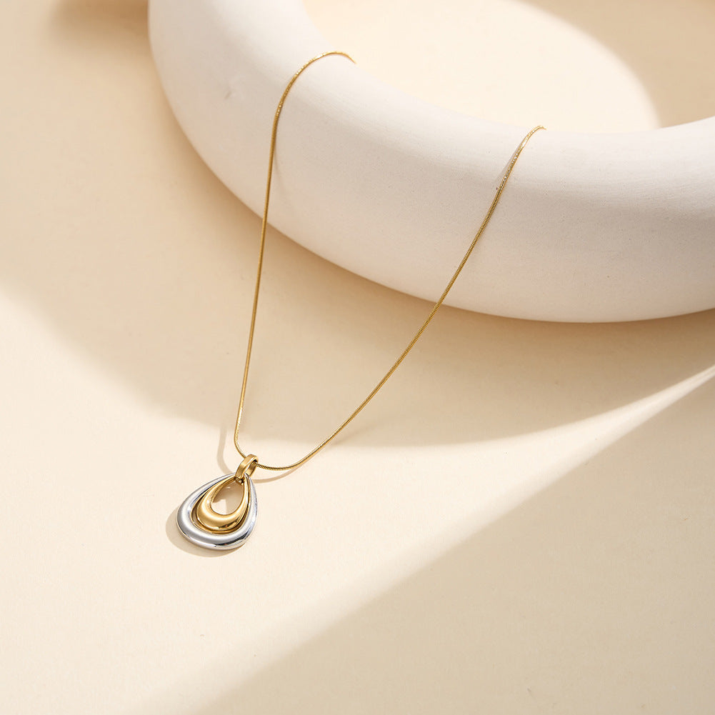 Two Tone Gold & Silver Stainless Steel Layered Teardrop Necklace, 3 Interlocking Hollow Teardrop Pendants Snake Chain